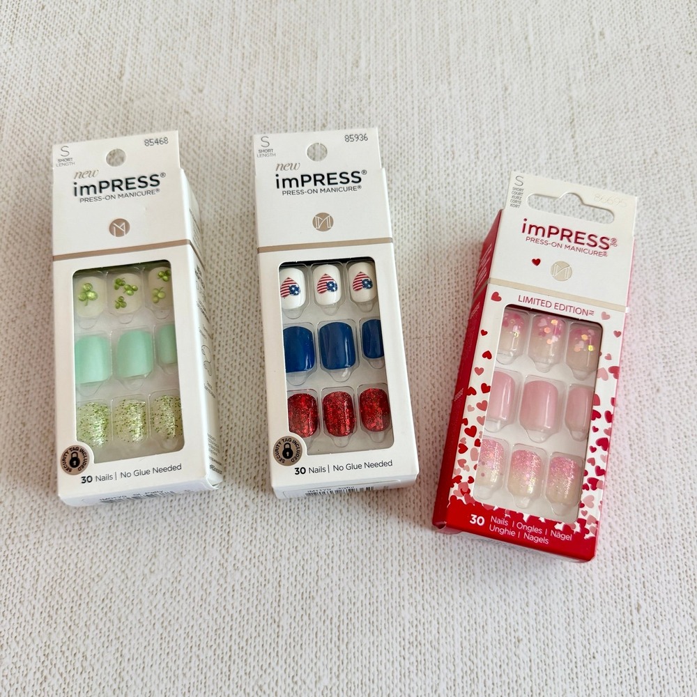 3 Sets KISS imPRESS Press-On Manicure Nails Kits Holidays Valentine New NIP